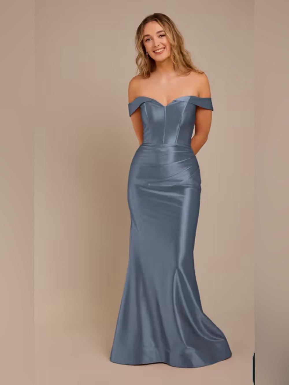 David's Bridal Strapless Off-Shoulder Satin Gown in Slate Blue